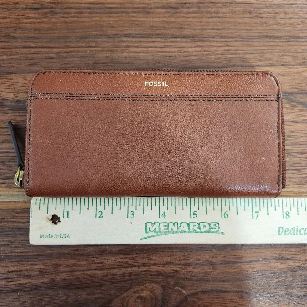 Fossil Tiegan Wallet Womens Brown Leather Zip Around Accordion Clutch Organizer